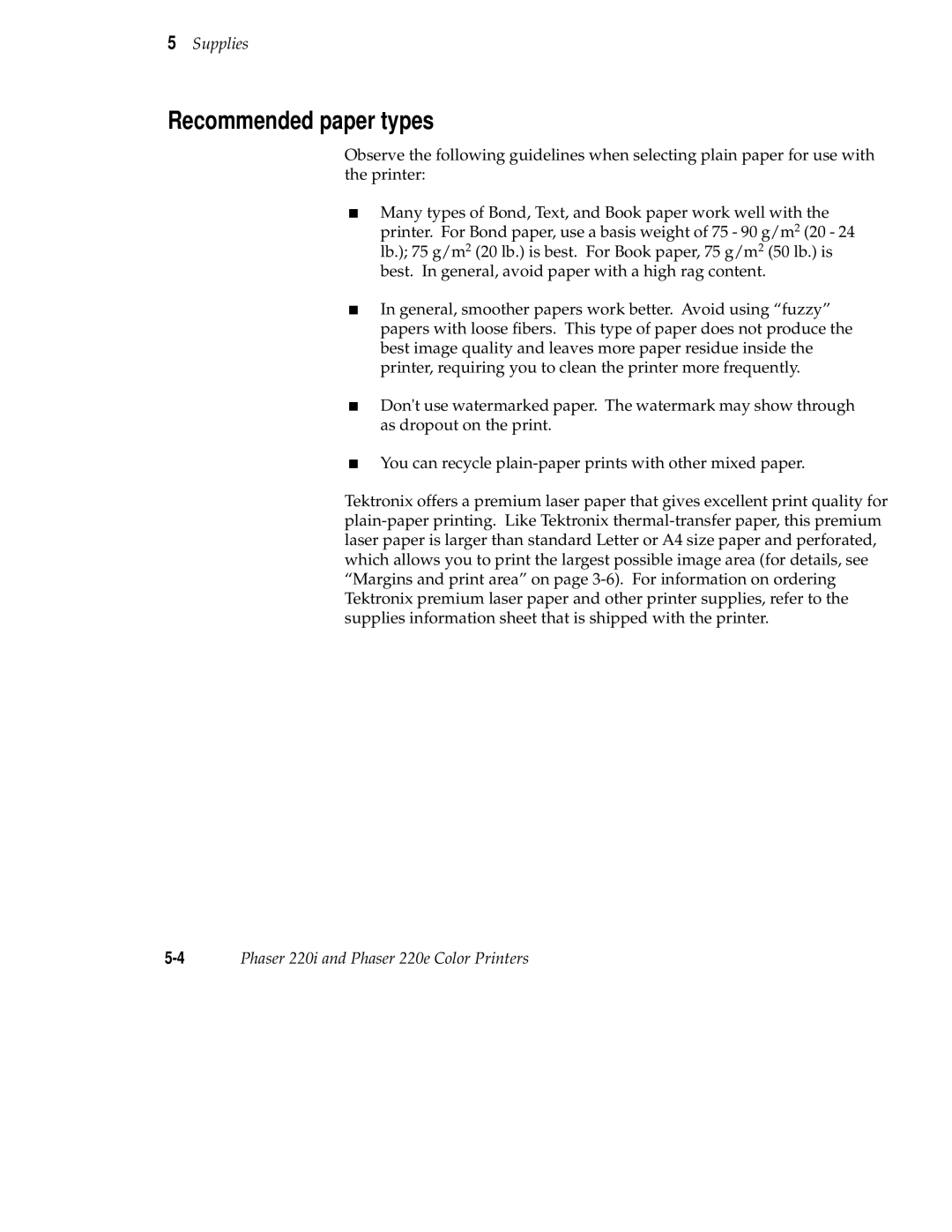 Tektronix 220i, 220e user manual Recommended paper types 