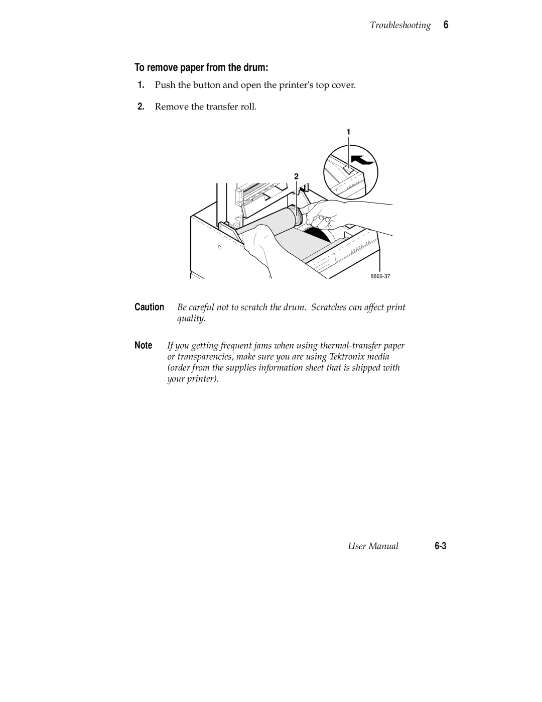 Tektronix 220e, 220i user manual To remove paper from the drum 