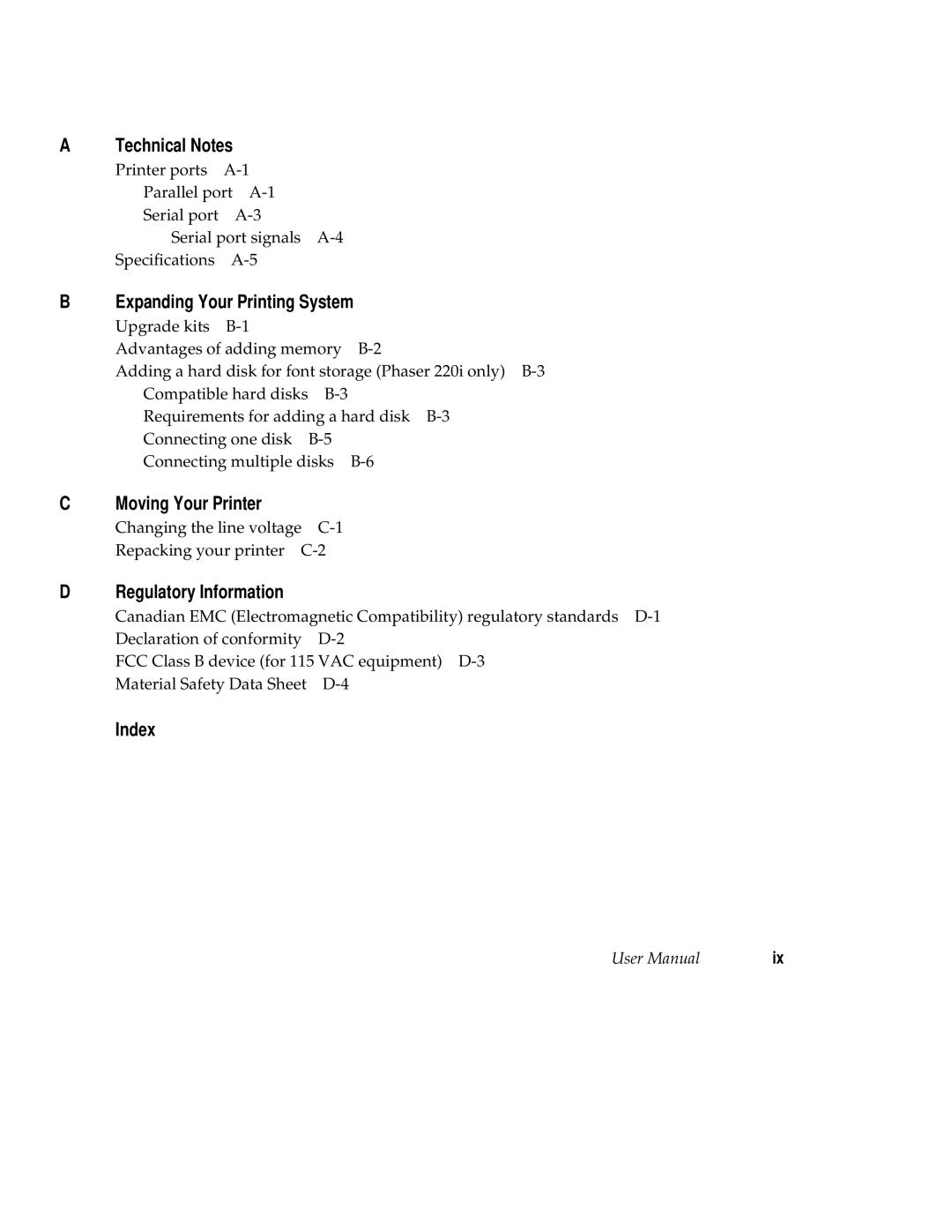 Tektronix 220e, 220i user manual Technical Notes, Expanding Your Printing System, Moving Your Printer, Index 