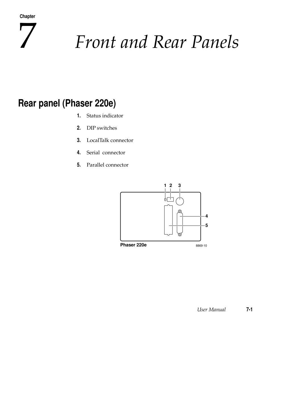 Tektronix 220i user manual Front and Rear Panels, Rear panel Phaser 220e 