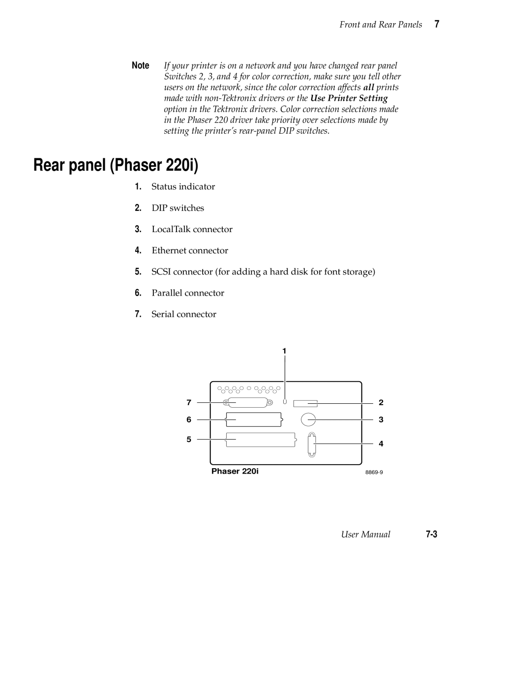 Tektronix 220e, 220i user manual Rear panel Phaser 