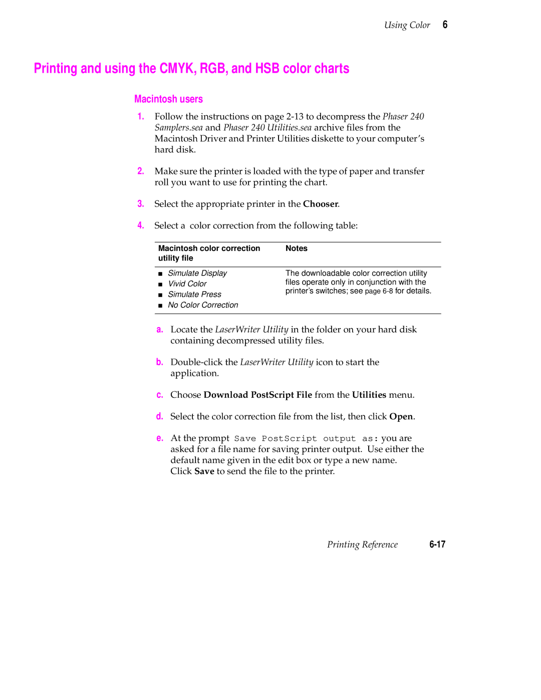 Tektronix 240 user manual Printing and using the CMYK, RGB, and HSB color charts, Macintosh users 