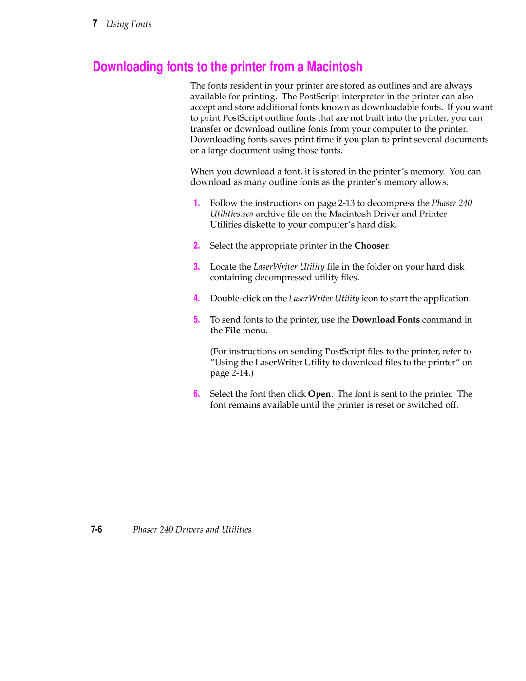 Tektronix 240 user manual Downloading fonts to the printer from a Macintosh 