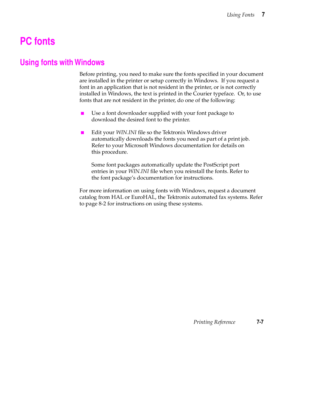 Tektronix 240 user manual PC fonts, Using fonts with Windows 