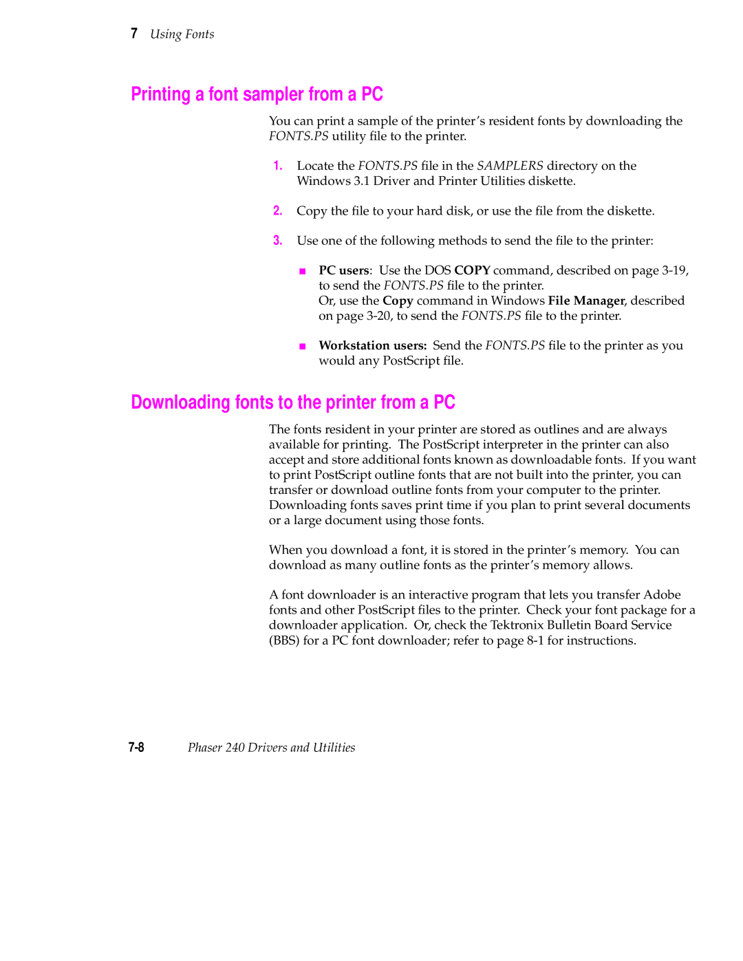 Tektronix 240 user manual Printing a font sampler from a PC, Downloading fonts to the printer from a PC 
