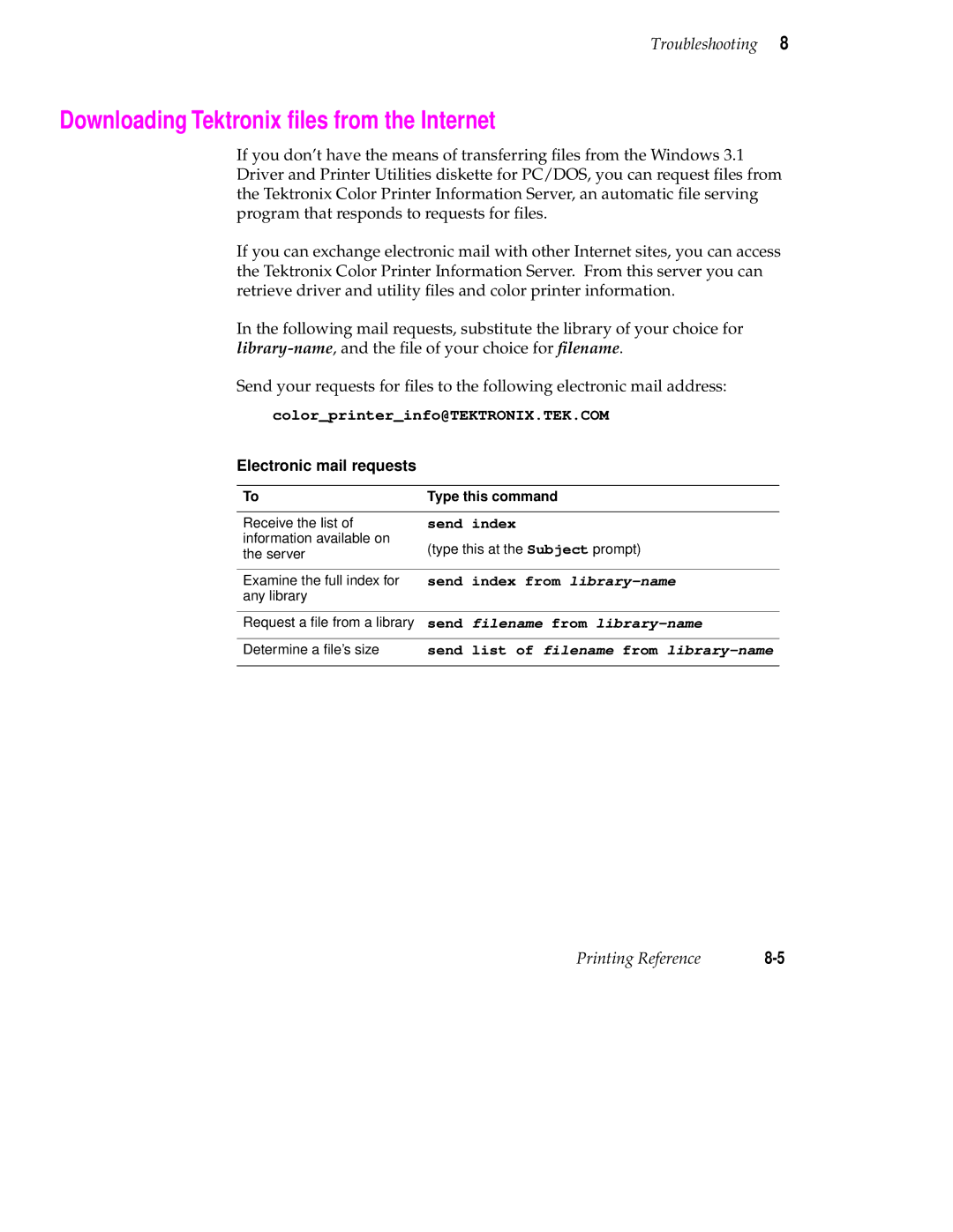 Tektronix 240 user manual Downloading Tektronix ﬁles from the Internet, Electronic mail requests 