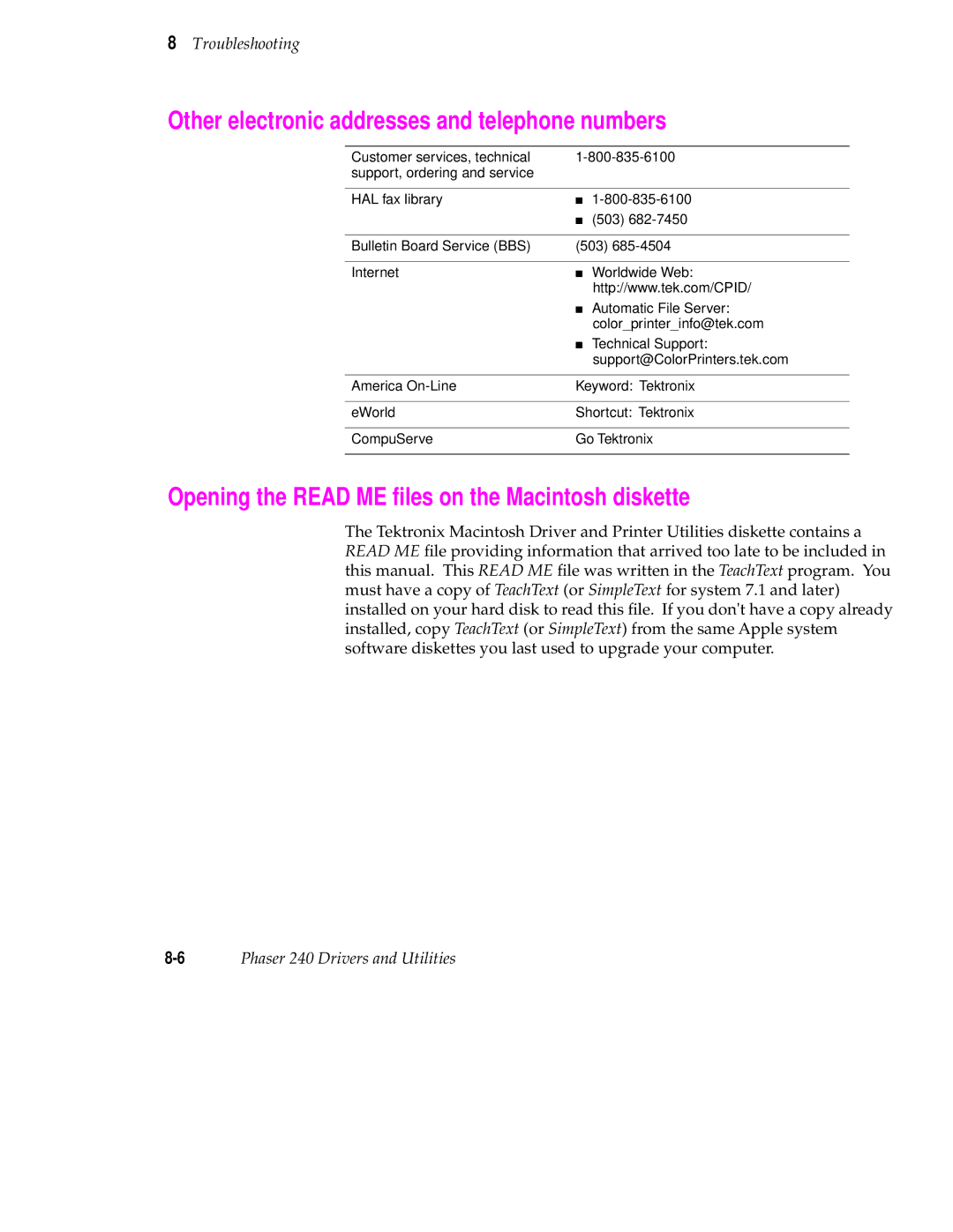 Tektronix 240 Other electronic addresses and telephone numbers, Opening the Read ME ﬁles on the Macintosh diskette 