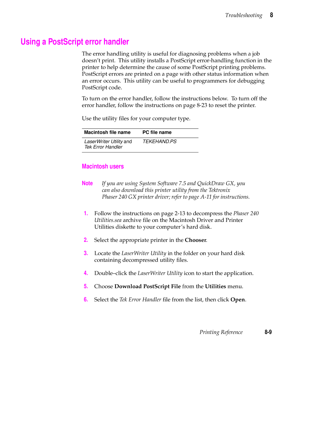 Tektronix 240 user manual Using a PostScript error handler, Macintosh users 