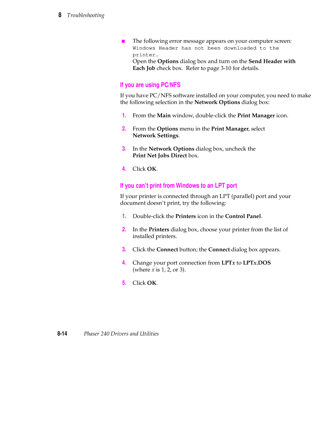 Tektronix 240 user manual If you are using PC/NFS, If you can’t print from Windows to an LPT port 