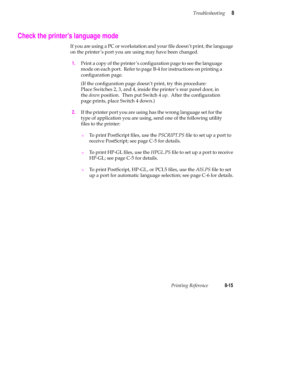 Tektronix 240 user manual Check the printer’s language mode 