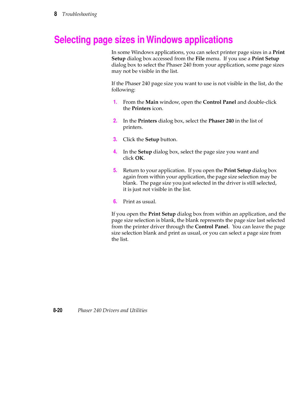 Tektronix 240 user manual Selecting page sizes in Windows applications 