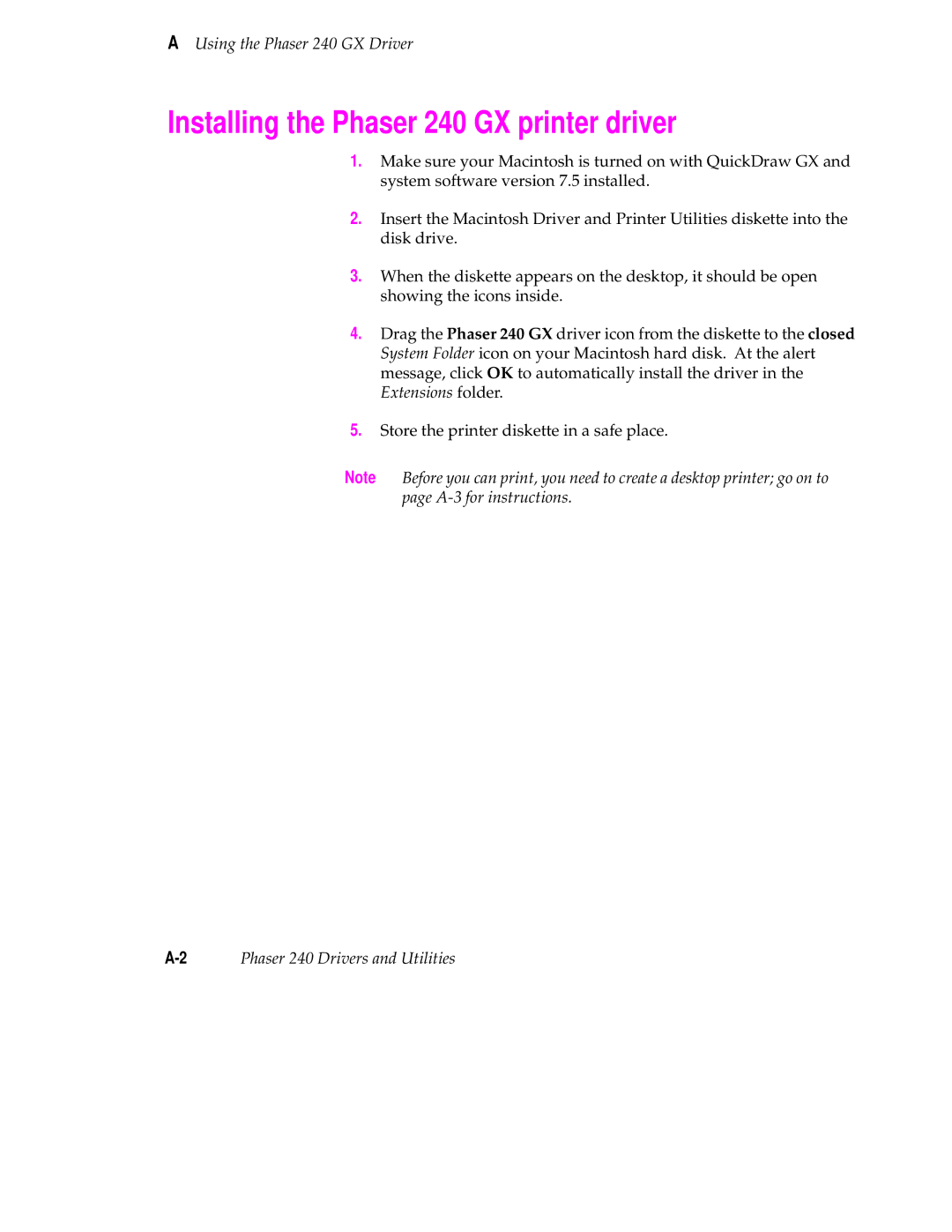 Tektronix user manual Installing the Phaser 240 GX printer driver 