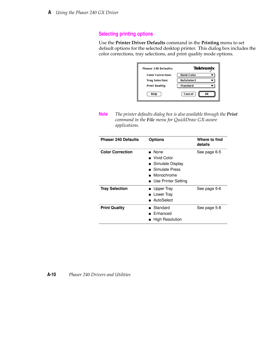 Tektronix 240 user manual Selecting printing options 