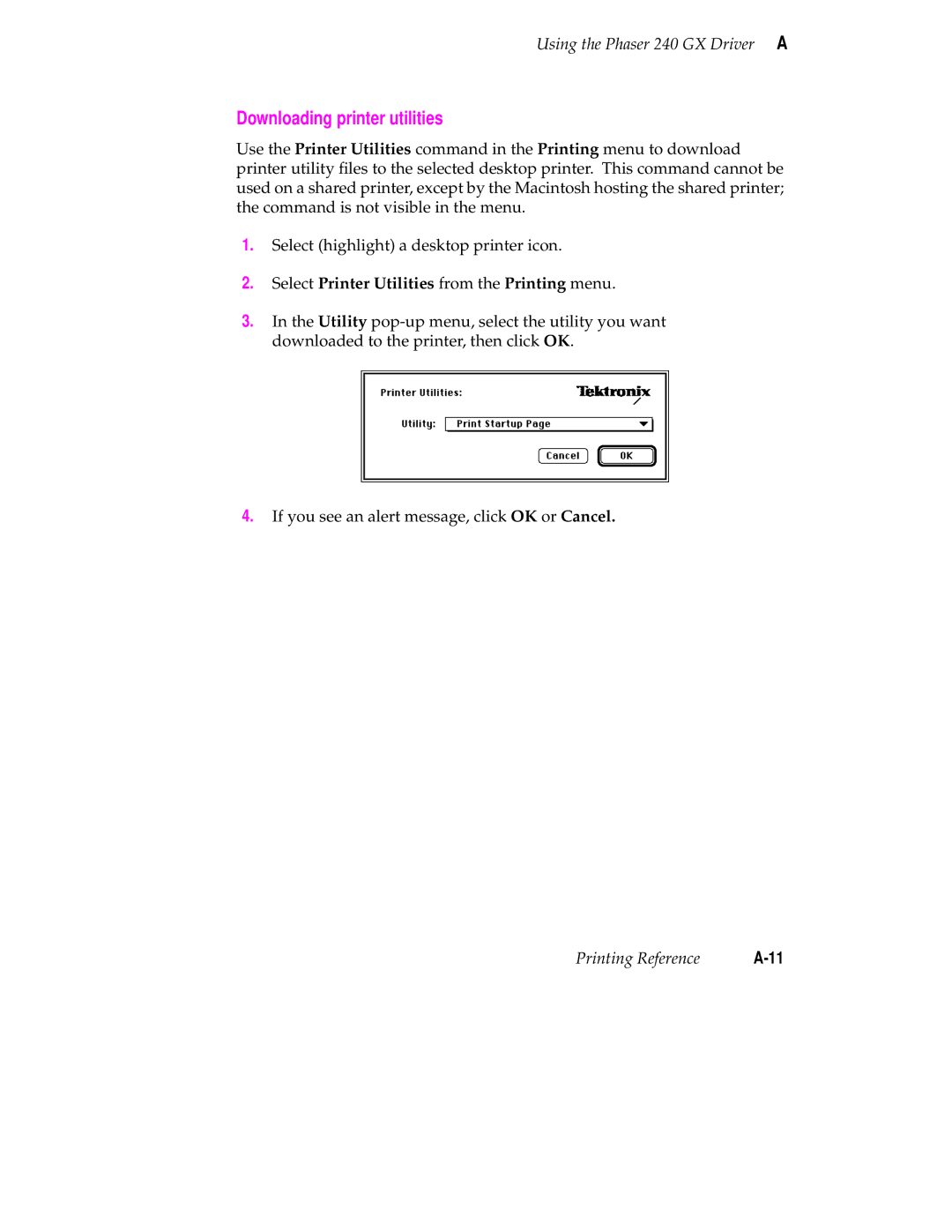 Tektronix 240 user manual Downloading printer utilities, Select Printer Utilities from the Printing menu 