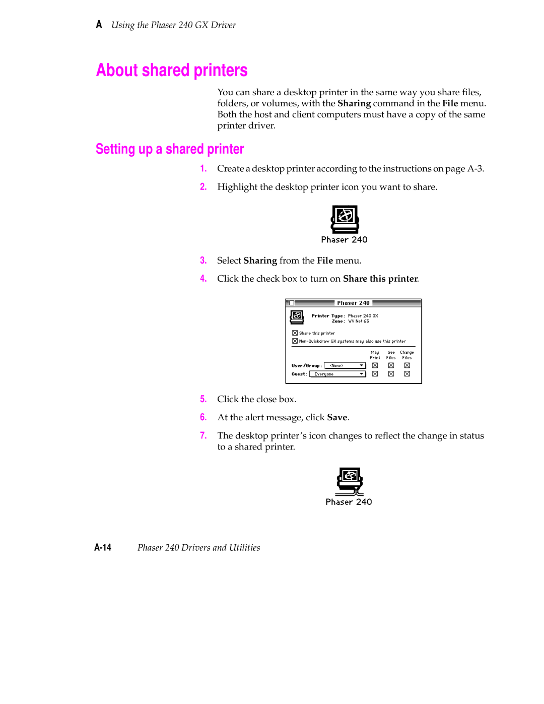 Tektronix 240 user manual About shared printers, Setting up a shared printer 