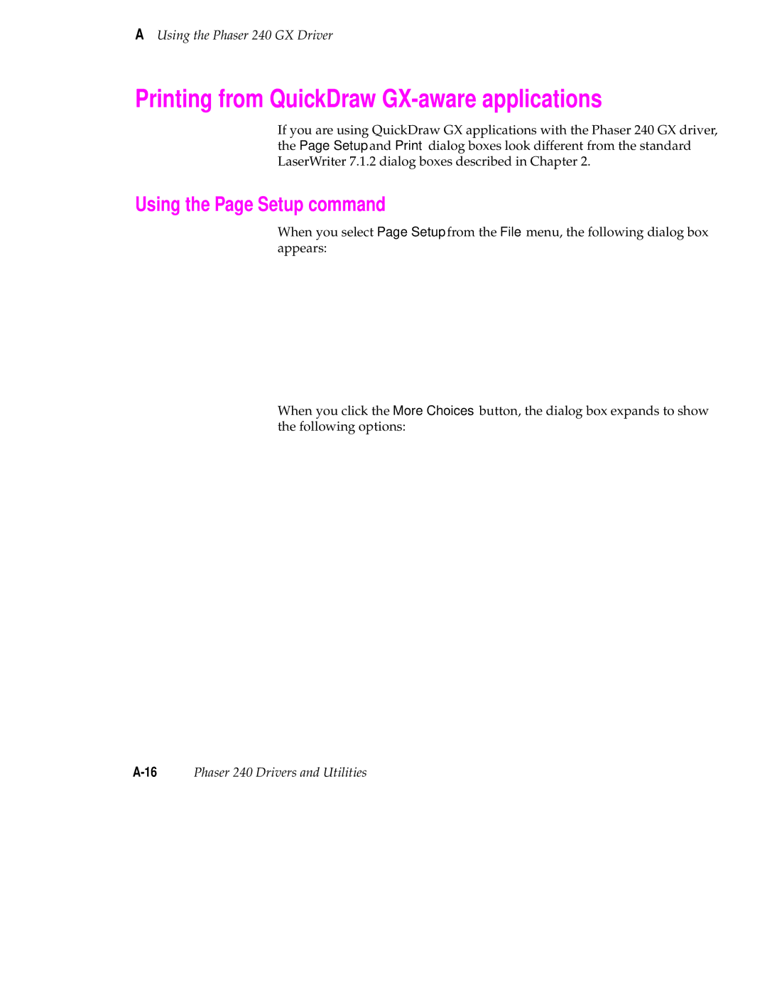 Tektronix 240 user manual Printing from QuickDraw GX-aware applications, Using the Page Setup command 