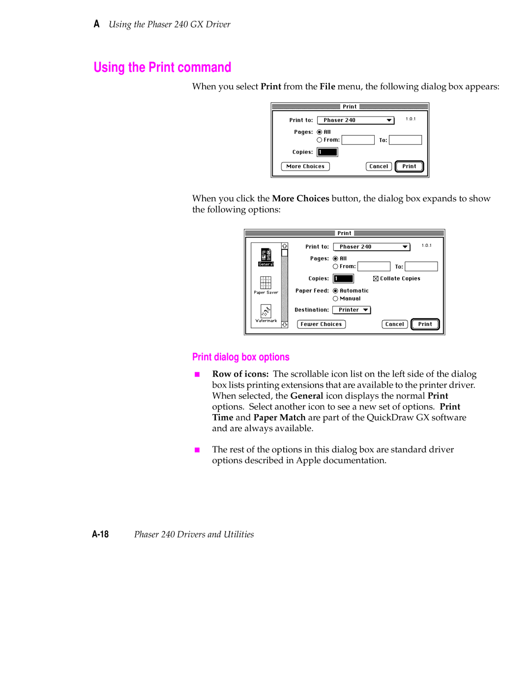 Tektronix 240 user manual Using the Print command, Print dialog box options 