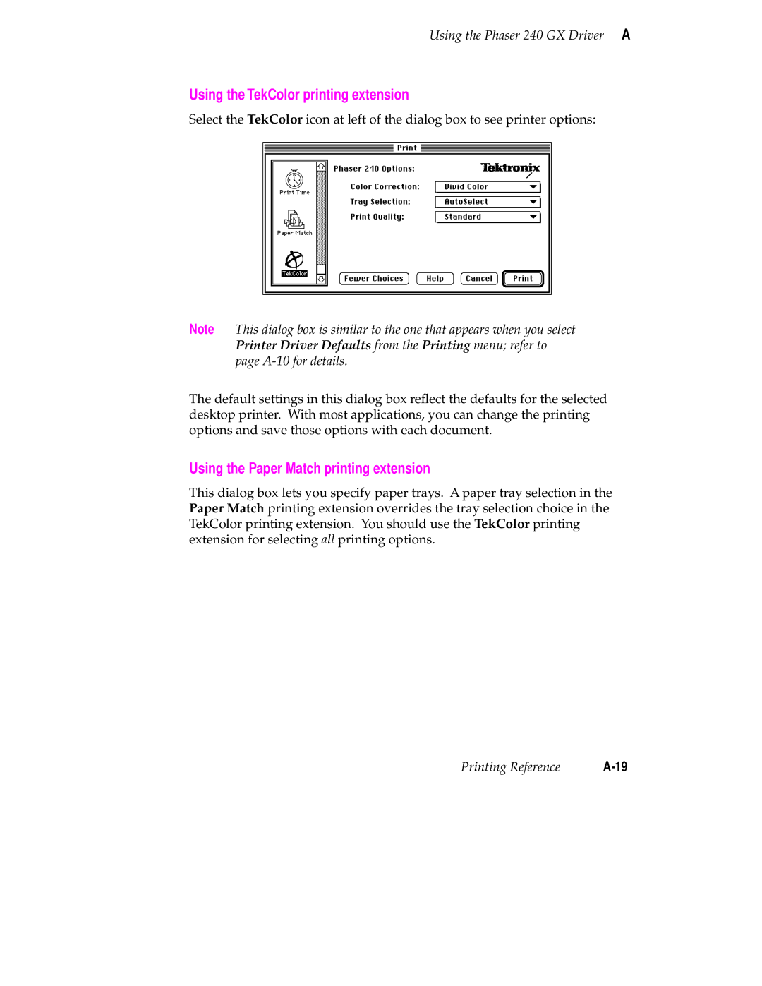 Tektronix 240 user manual Using the TekColor printing extension, Using the Paper Match printing extension 