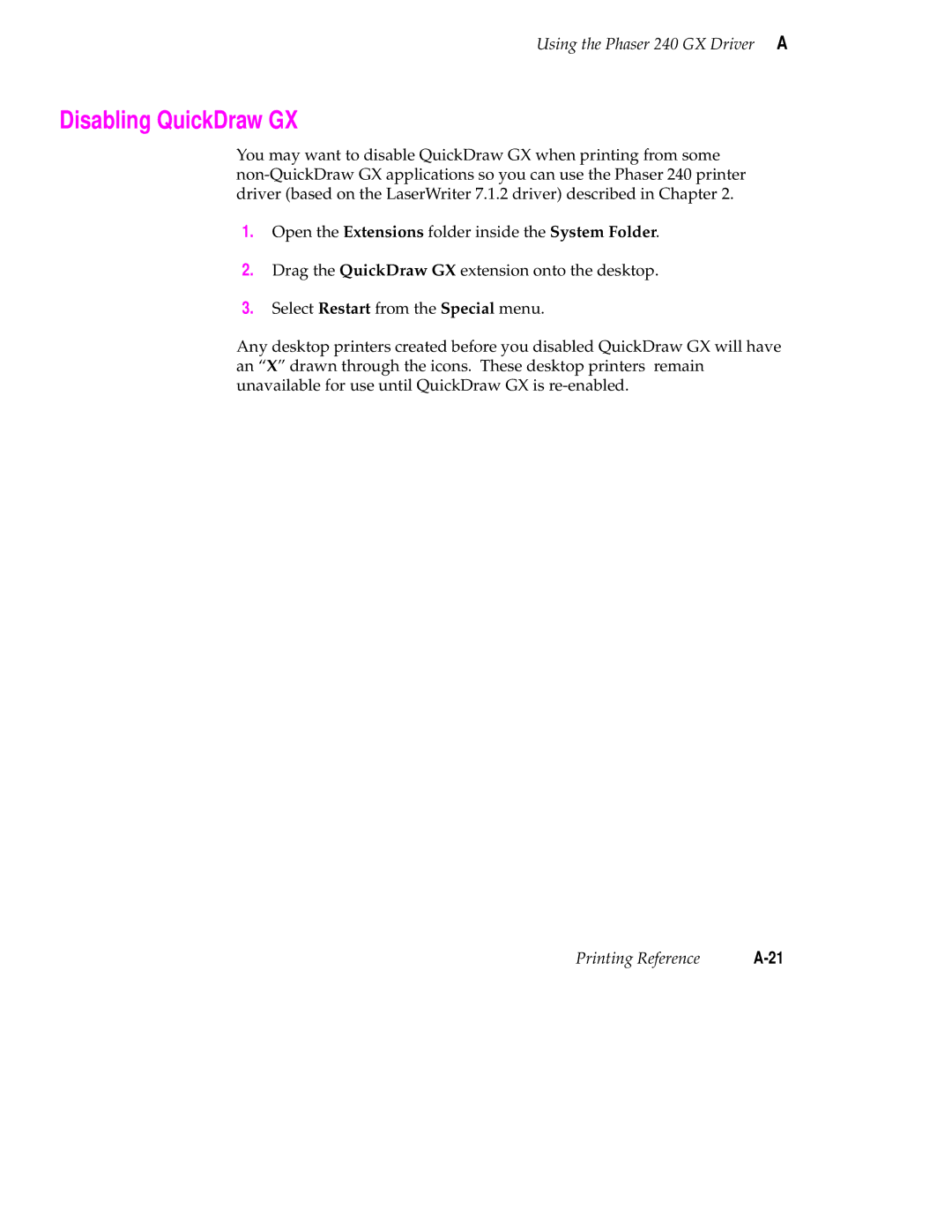 Tektronix 240 user manual Disabling QuickDraw GX 