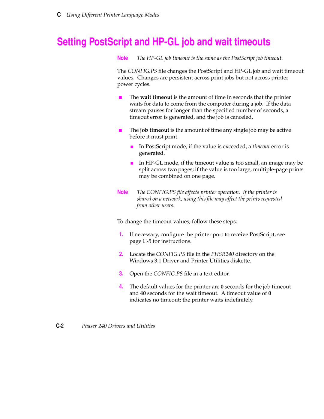 Tektronix 240 user manual Setting PostScript and HP-GL job and wait timeouts 