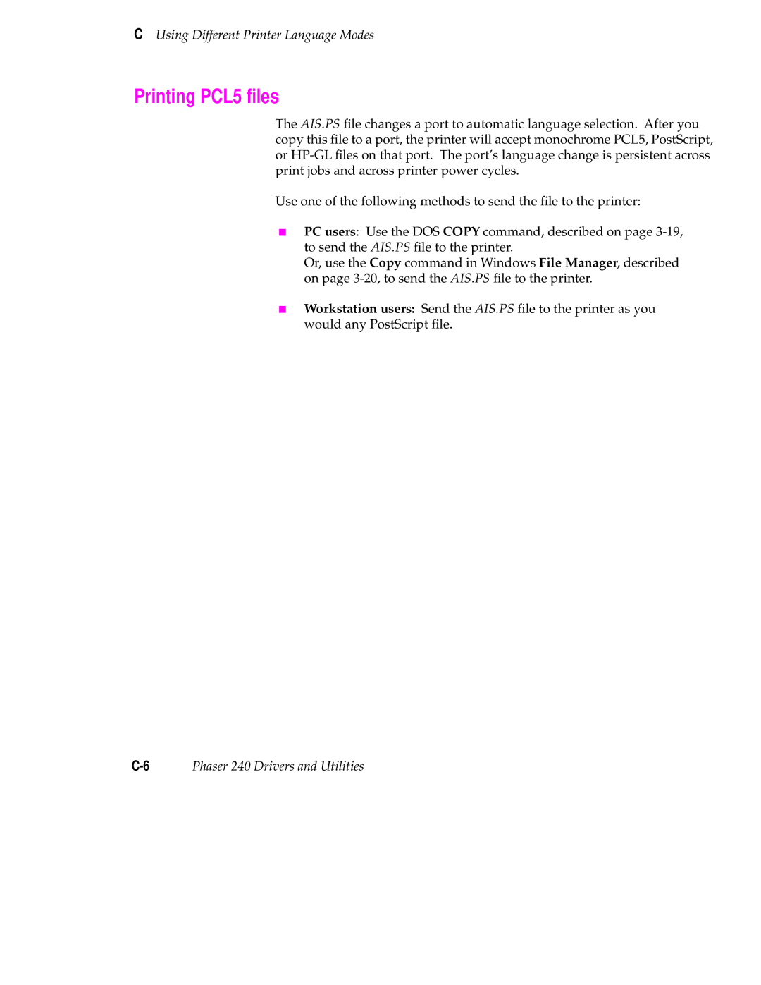 Tektronix 240 user manual Printing PCL5 ﬁles 