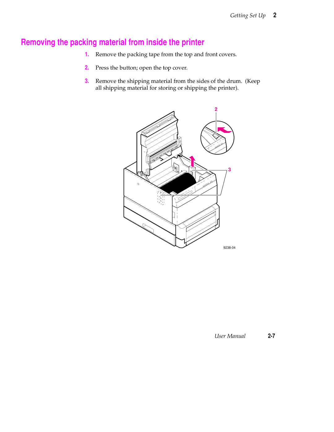 Tektronix 240 user manual Removing the packing material from inside the printer 