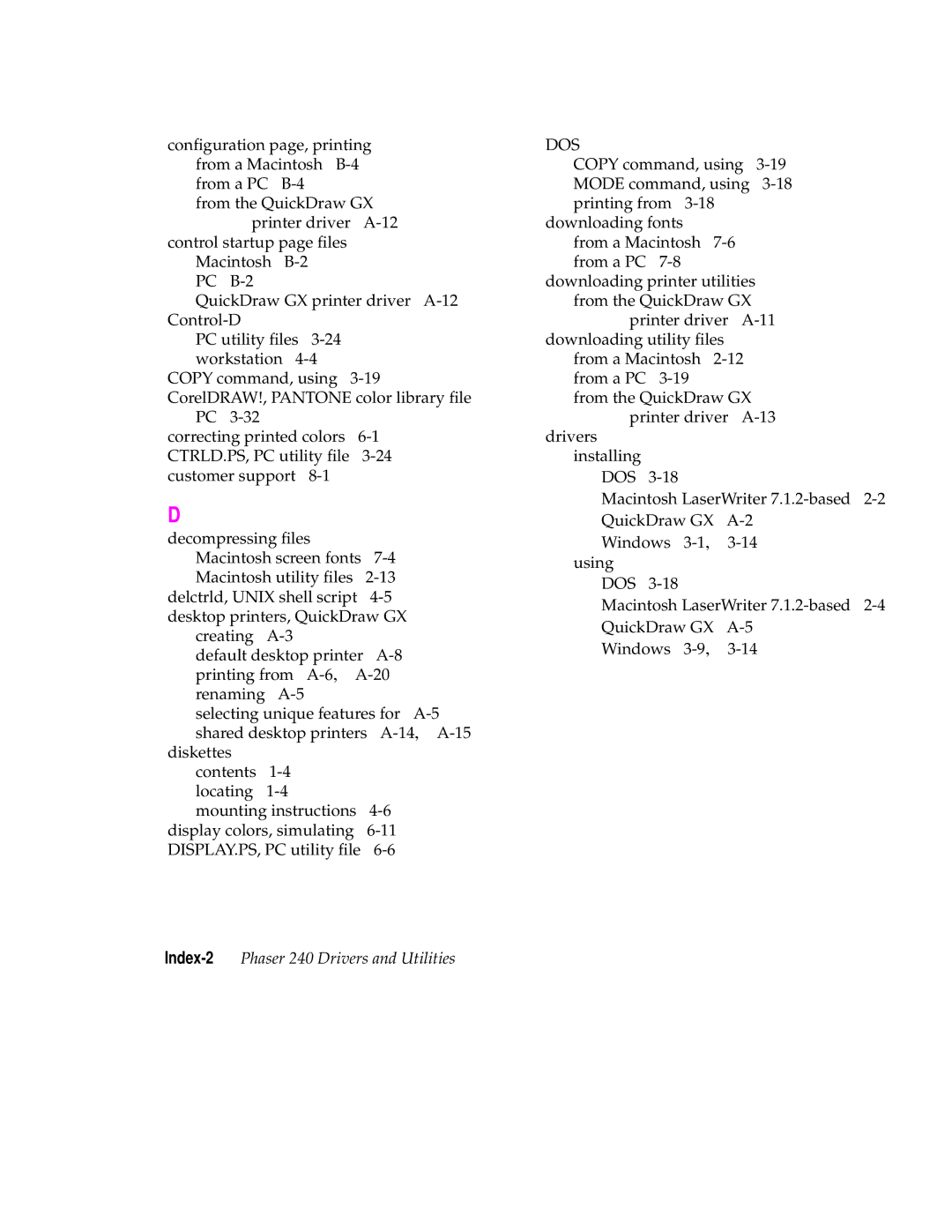 Tektronix user manual Index-2Phaser 240 Drivers and Utilities 