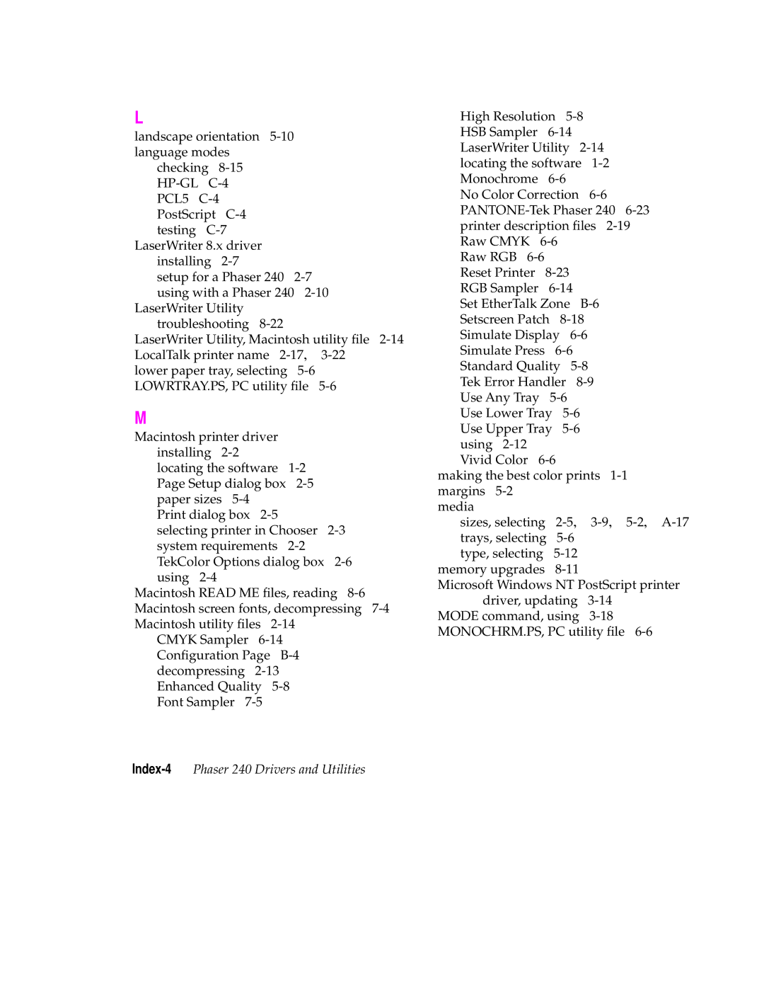 Tektronix user manual Index-4Phaser 240 Drivers and Utilities 