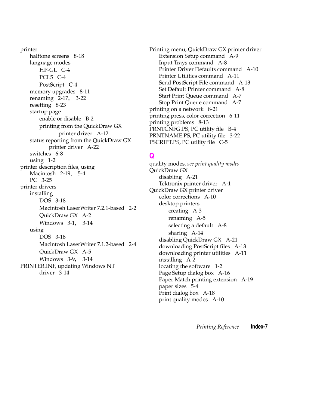 Tektronix 240 user manual Quality modes, see print quality modes QuickDraw GX 