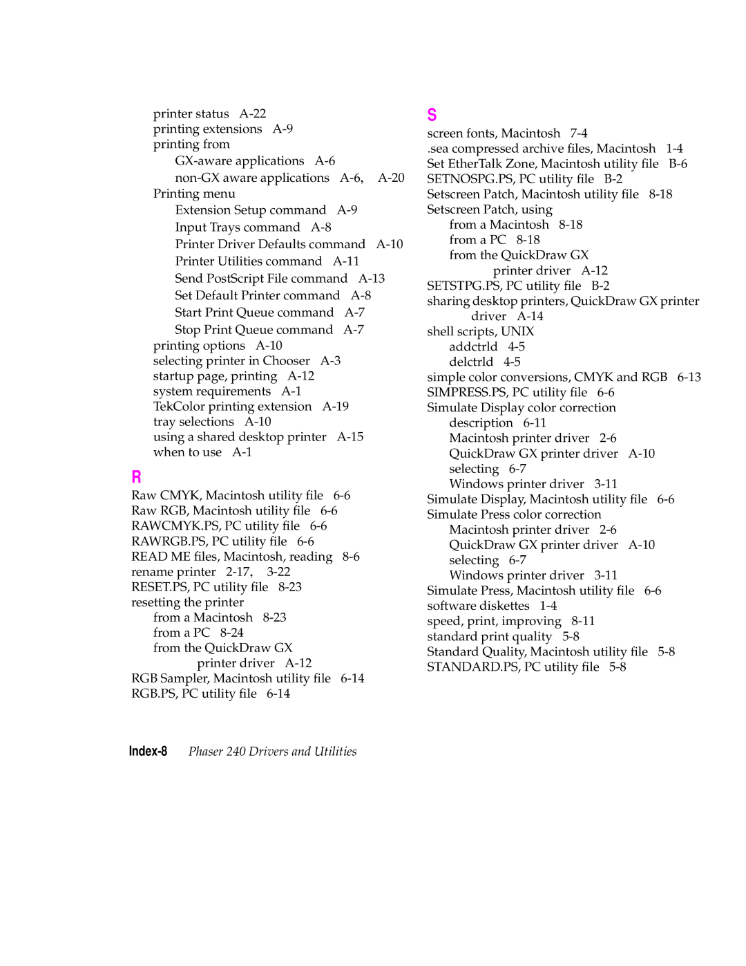 Tektronix user manual Index-8Phaser 240 Drivers and Utilities 