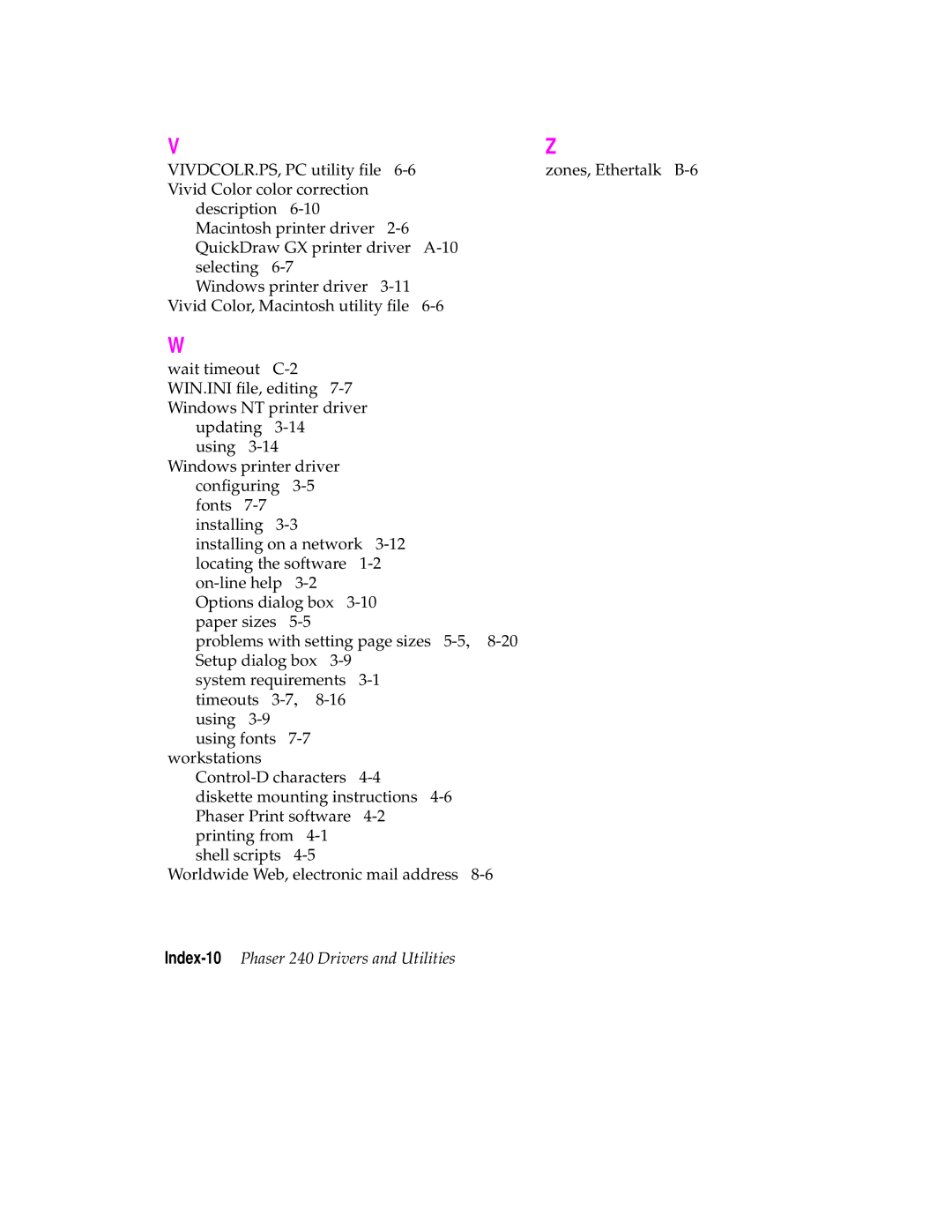 Tektronix user manual Index-10Phaser 240 Drivers and Utilities 