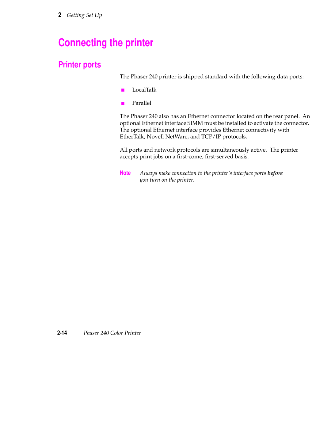 Tektronix 240 user manual Connecting the printer, Printer ports 