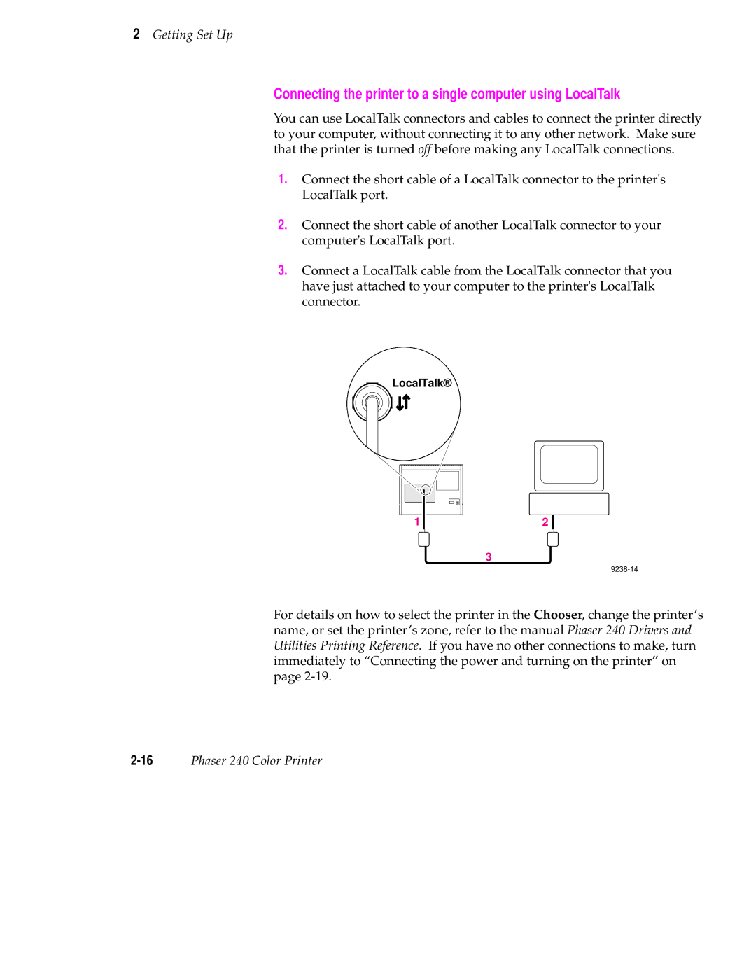 Tektronix 240 user manual Connecting the printer to a single computer using LocalTalk 