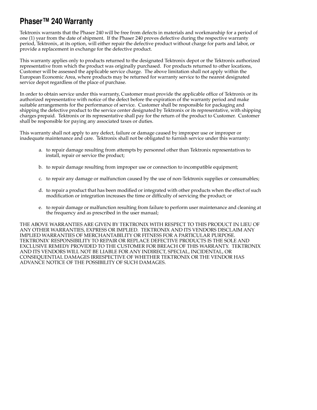 Tektronix user manual Phaser 240 Warranty 