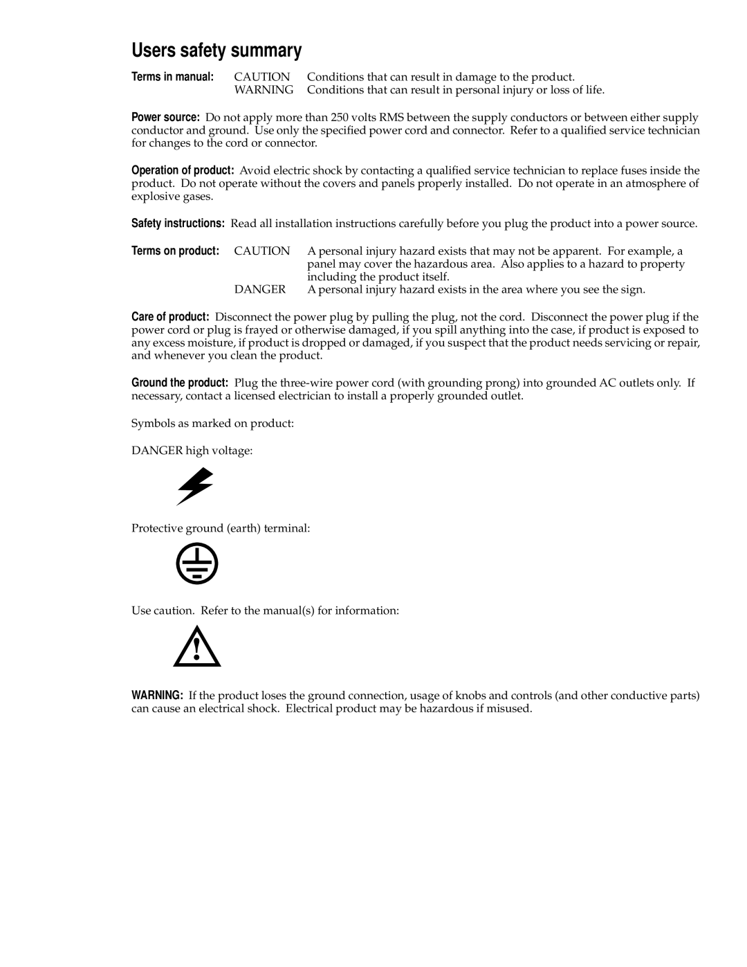 Tektronix 240 user manual Users safety summary 