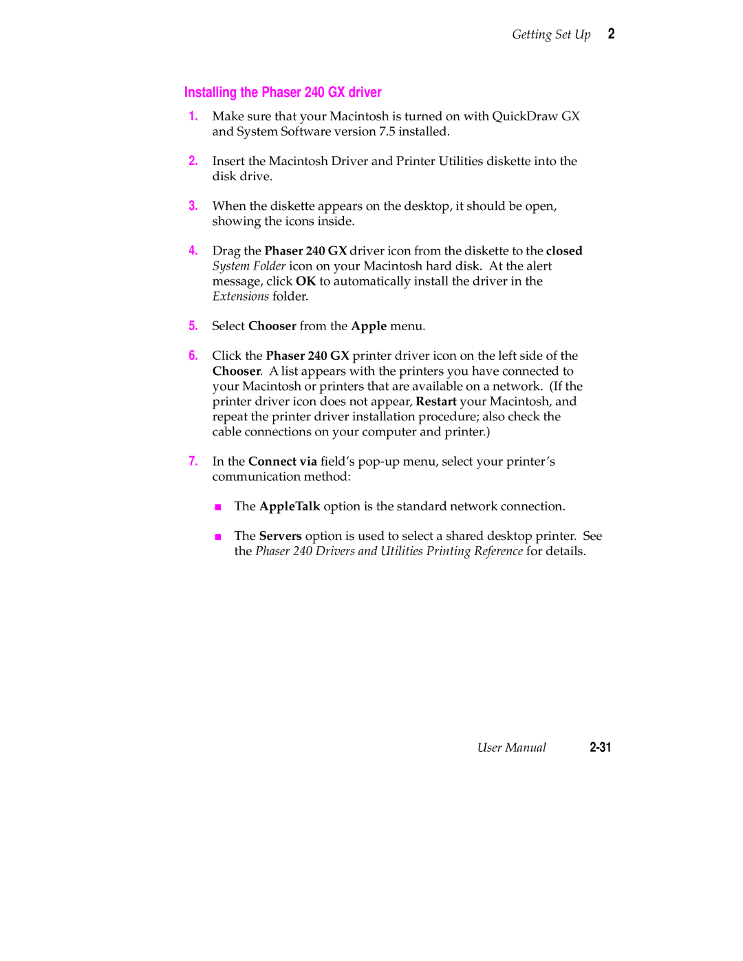 Tektronix user manual Installing the Phaser 240 GX driver 