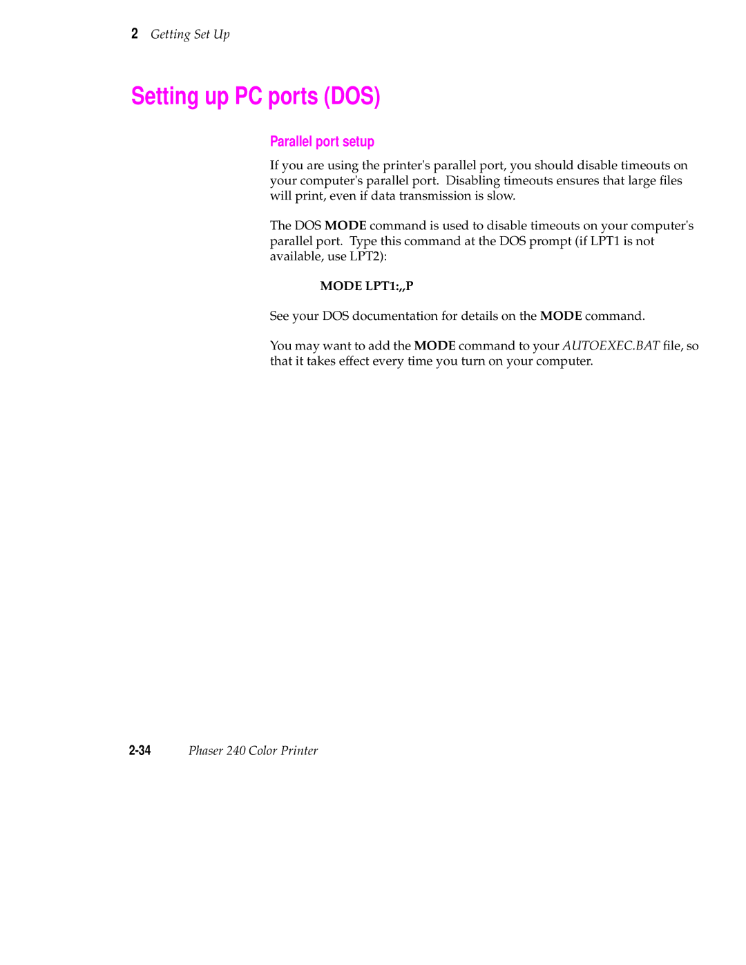 Tektronix 240 user manual Setting up PC ports DOS, Parallel port setup 