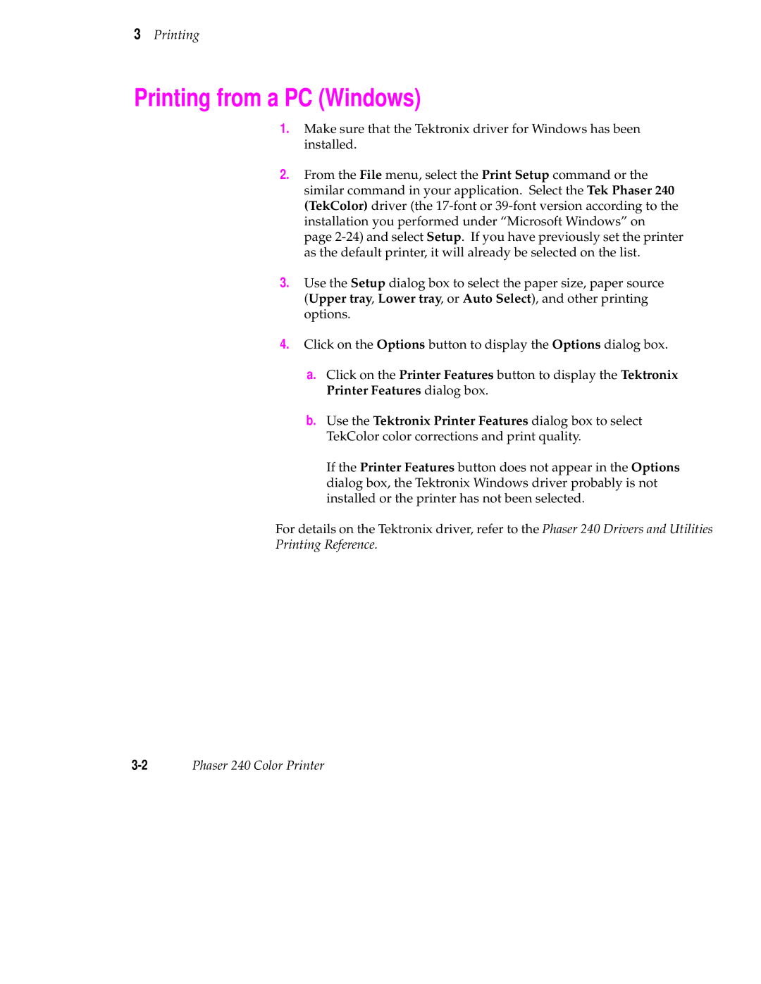 Tektronix 240 user manual Printing from a PC Windows 