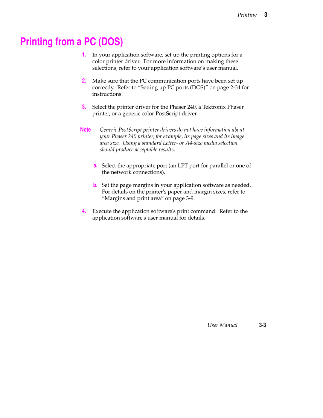 Tektronix 240 user manual Printing from a PC DOS 