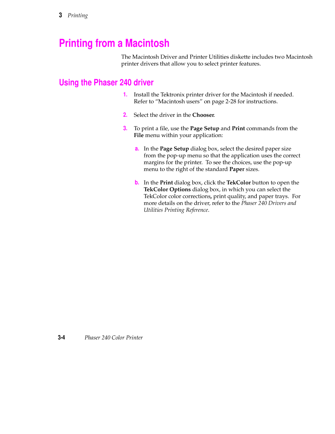 Tektronix user manual Printing from a Macintosh, Using the Phaser 240 driver 