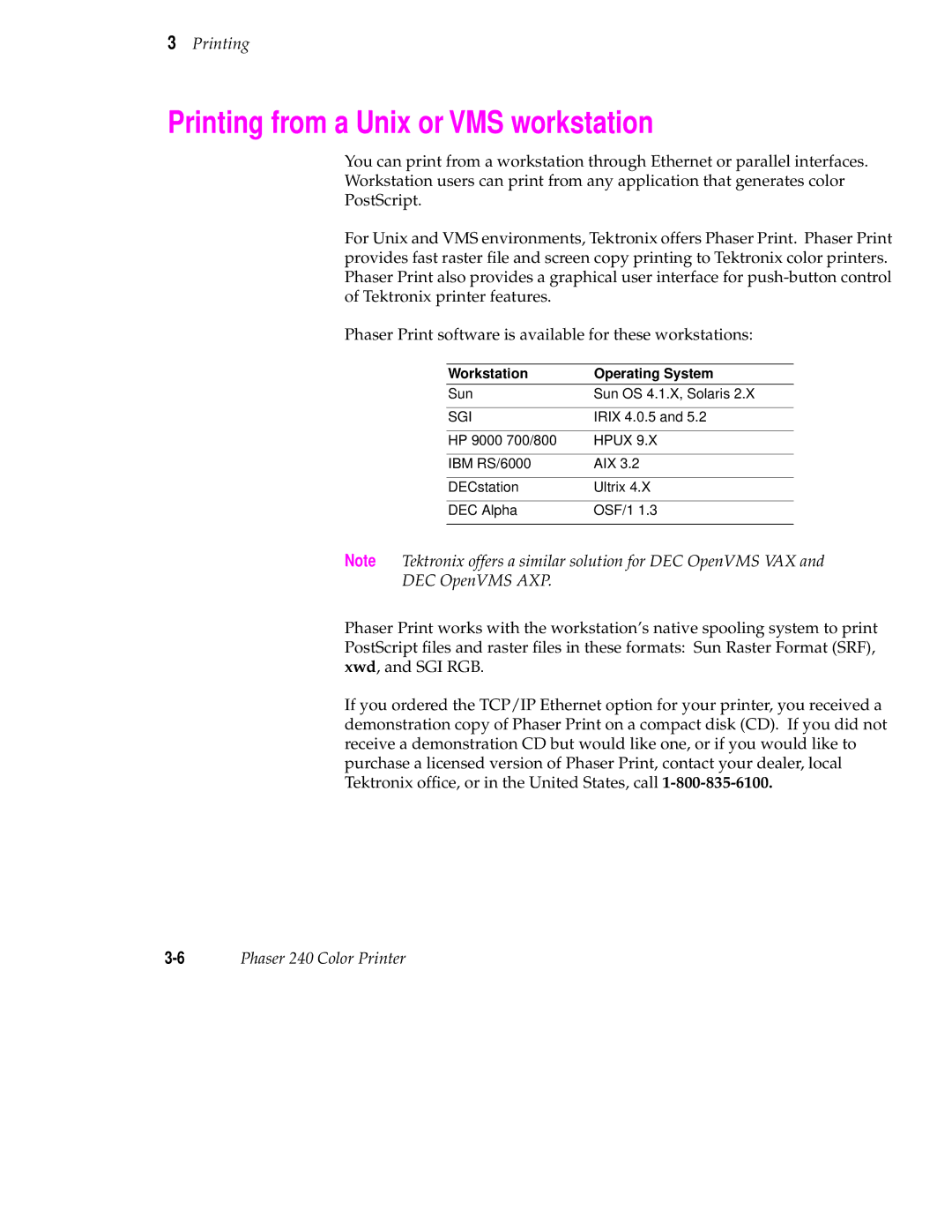 Tektronix 240 user manual Printing from a Unix or VMS workstation, Workstation Operating System 