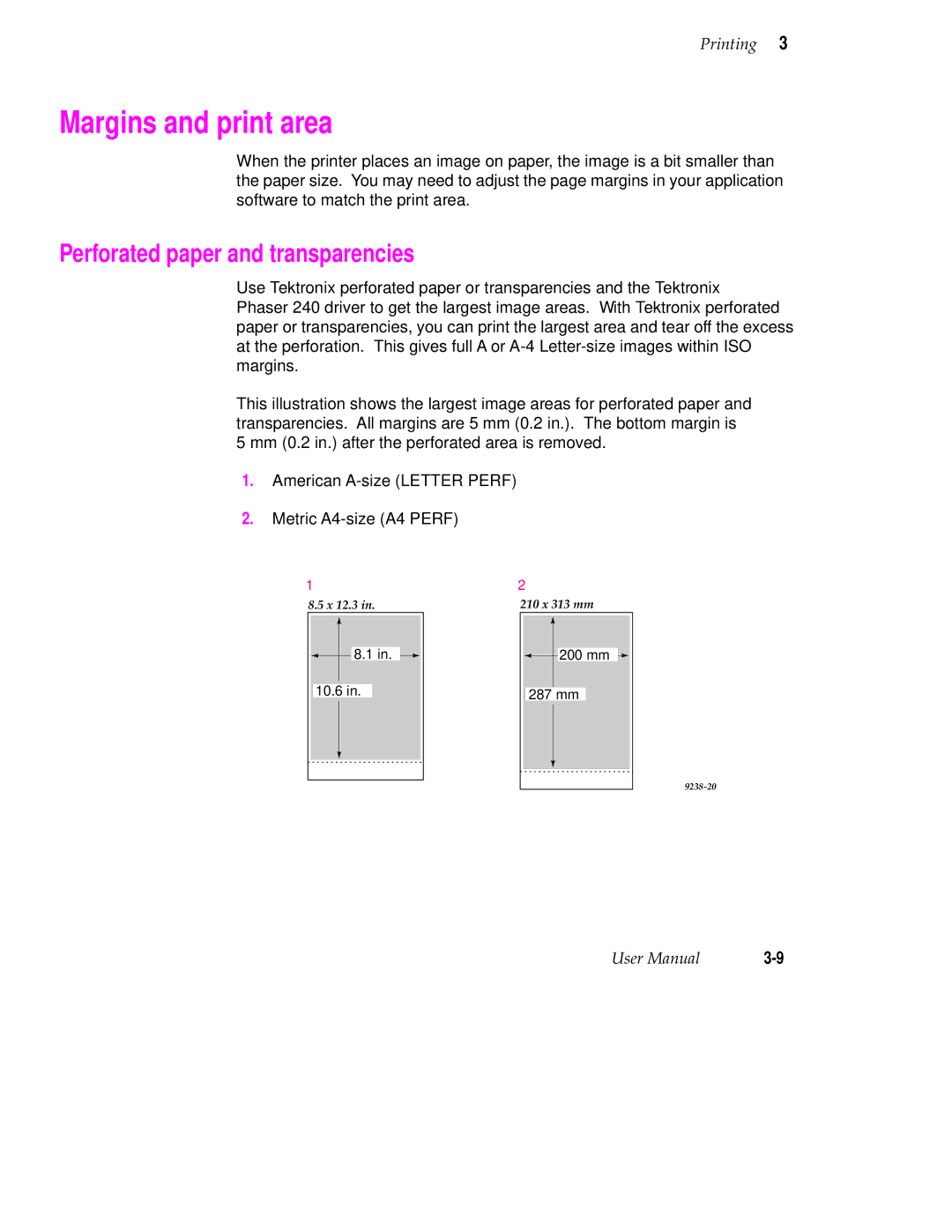 Tektronix 240 user manual Margins and print area, Perforated paper and transparencies 