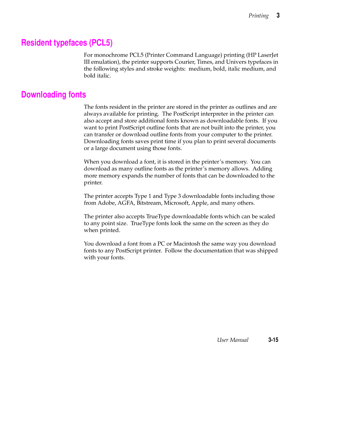 Tektronix 240 user manual Resident typefaces PCL5, Downloading fonts 