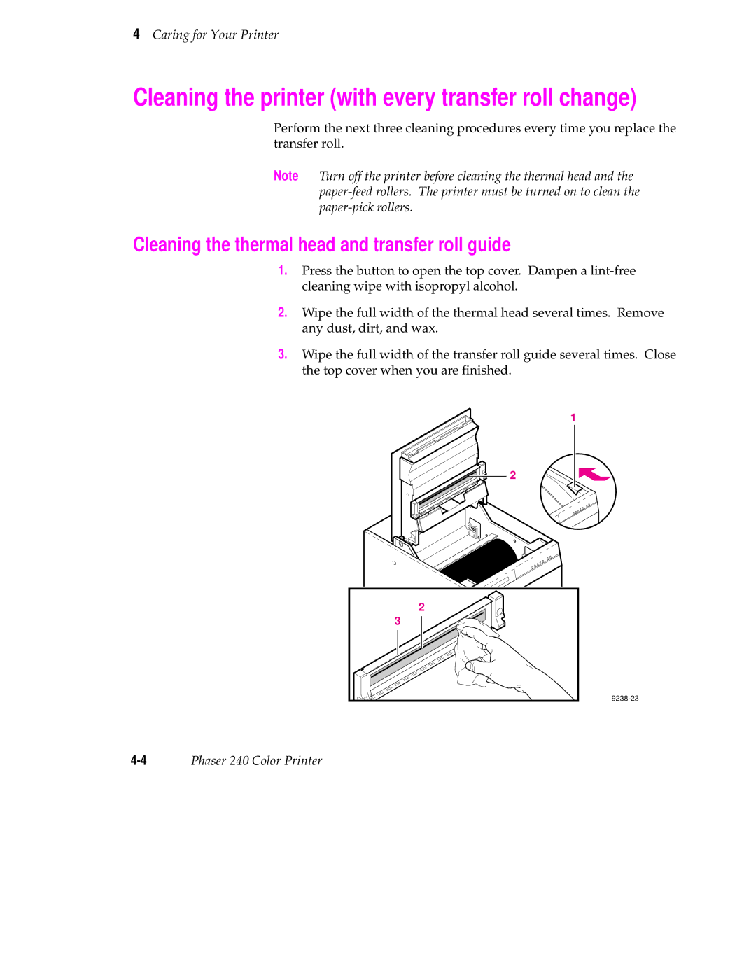 Tektronix 240 Cleaning the printer with every transfer roll change, Cleaning the thermal head and transfer roll guide 