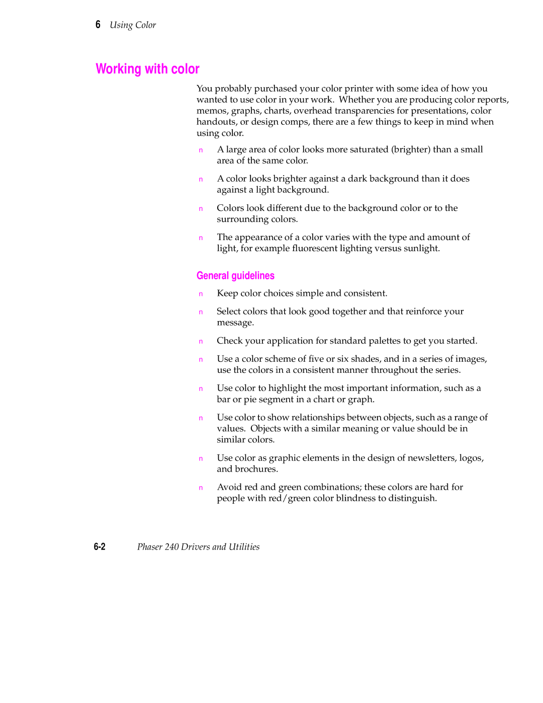 Tektronix 240 user manual Working with color, General guidelines 