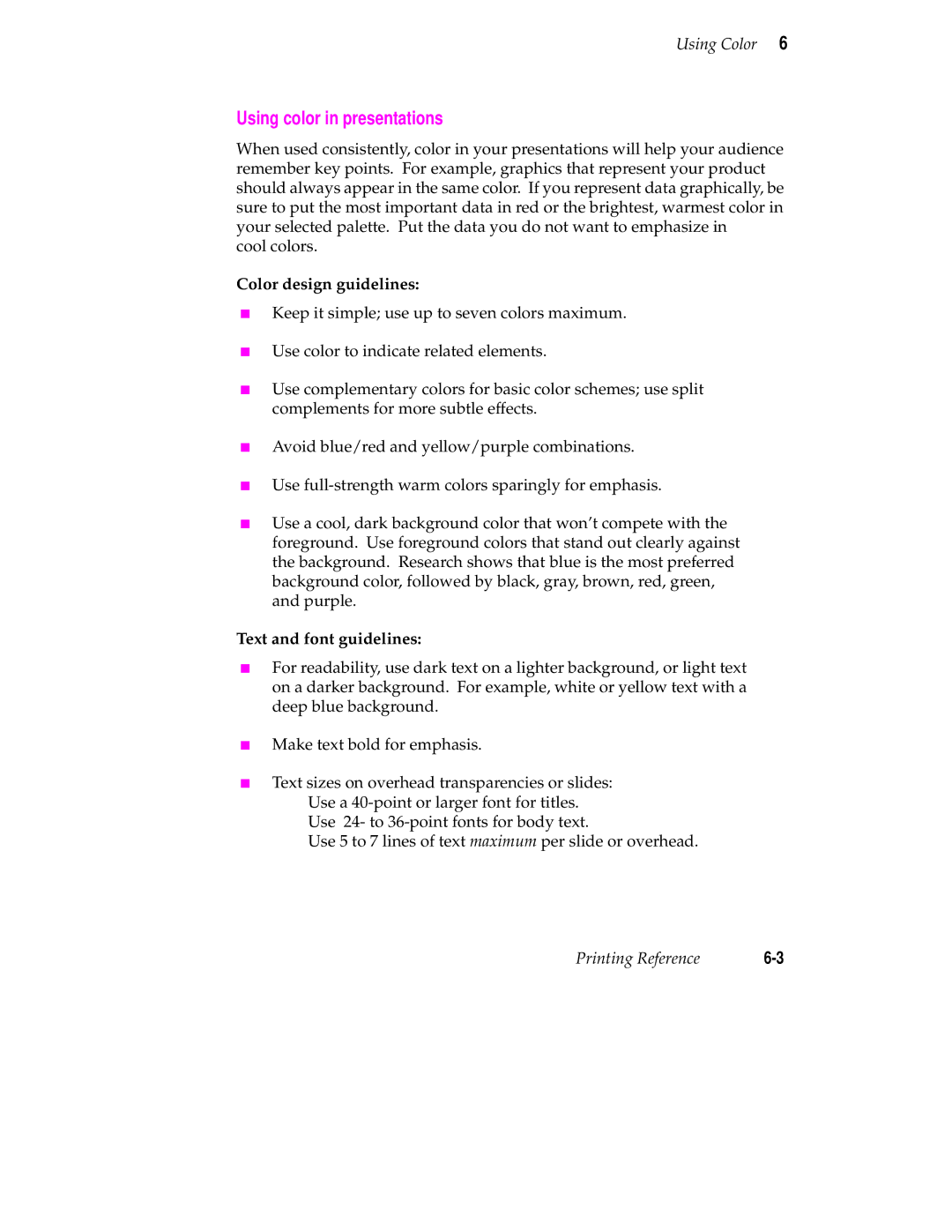 Tektronix 240 user manual Using color in presentations, Color design guidelines, Text and font guidelines 