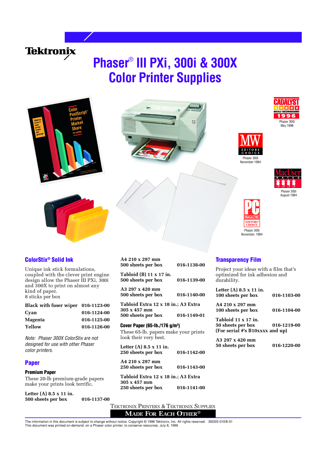 Tektronix 436-0224-01, 300i manual ColorStix Solid Ink, Transparency Film, Premium Paper, Cover Paper 65-lb./176 g/m2 