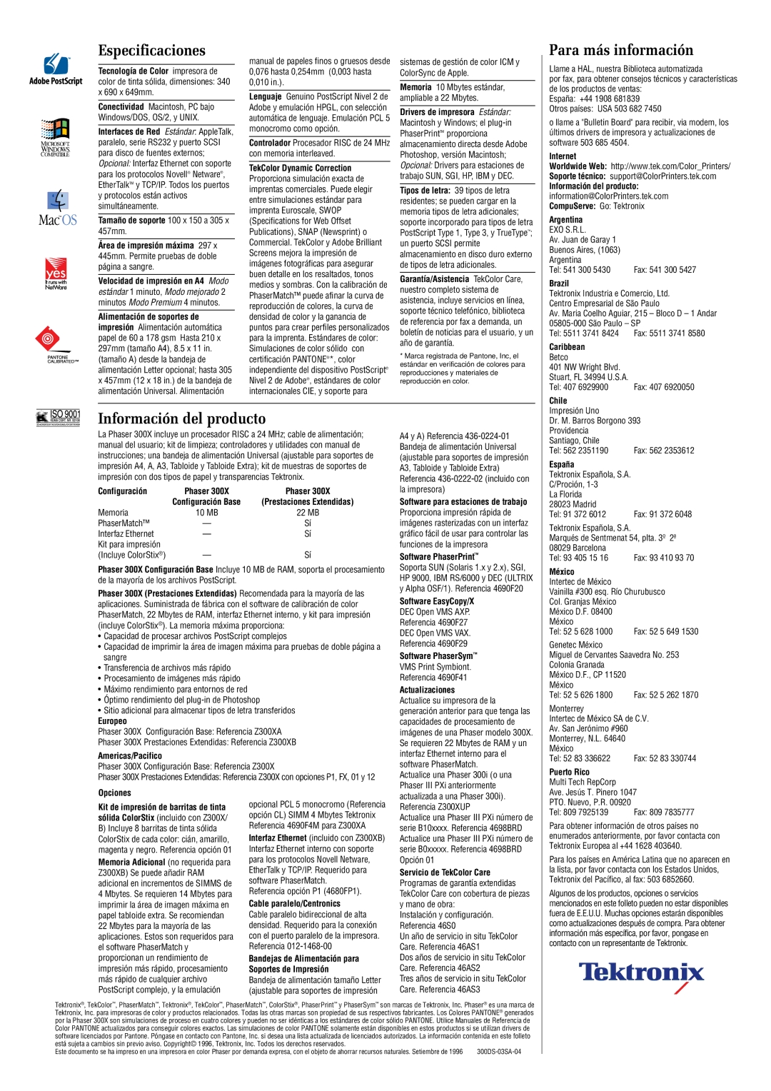 Tektronix 300X manual Especificaciones, Para más información, Información del producto 