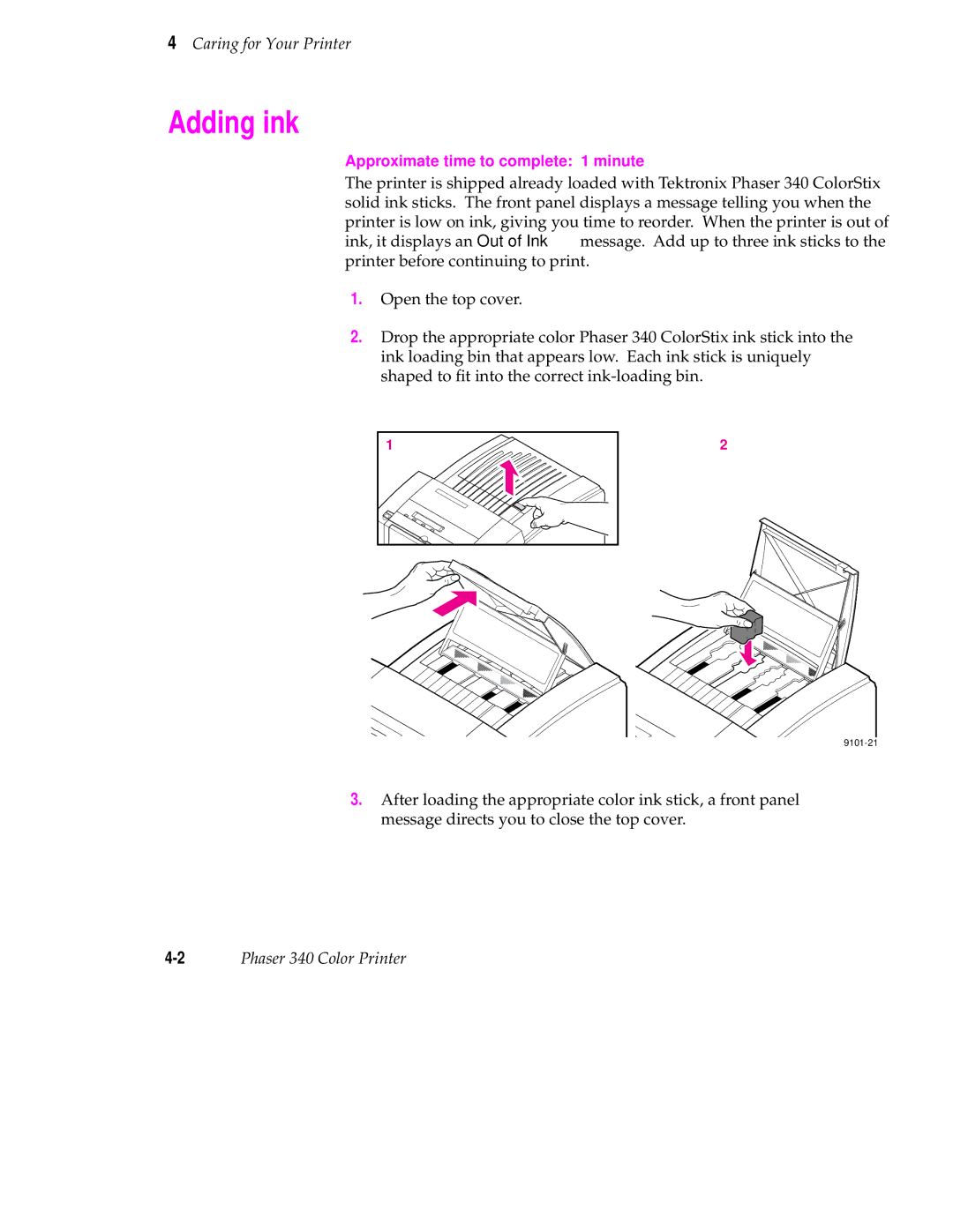 Tektronix 340 manual Adding ink, Caring for Your Printer 