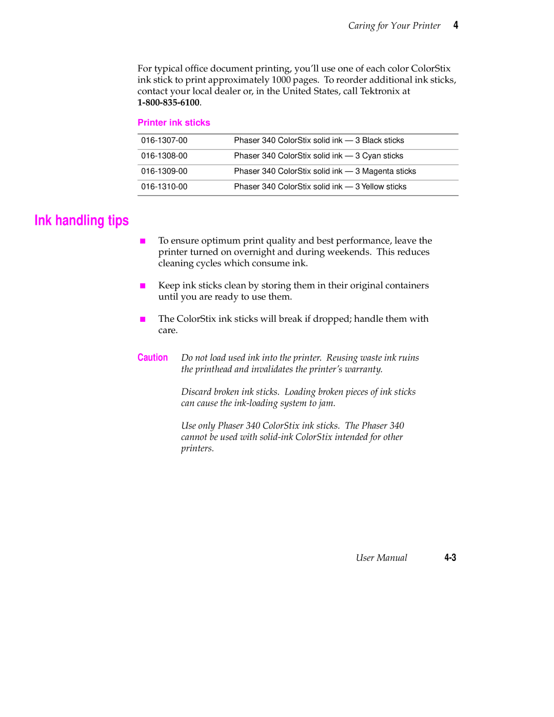 Tektronix 340 manual Ink handling tips, Printer ink sticks 